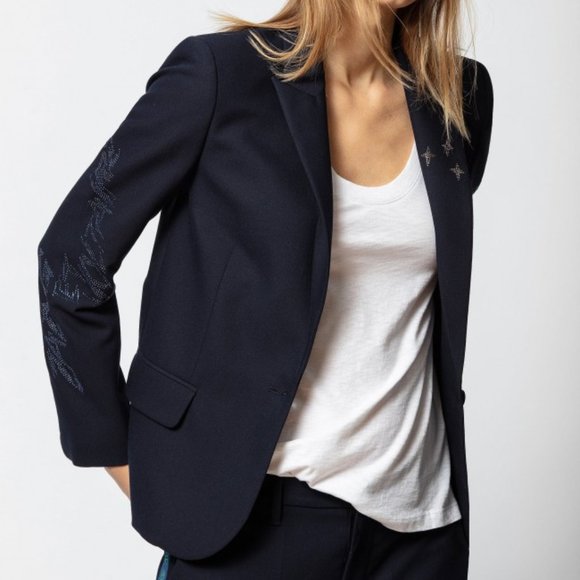 NWT $498 Zadig & Voltaire Victor Star Multistrass Jacket Blazer Ink Size 36